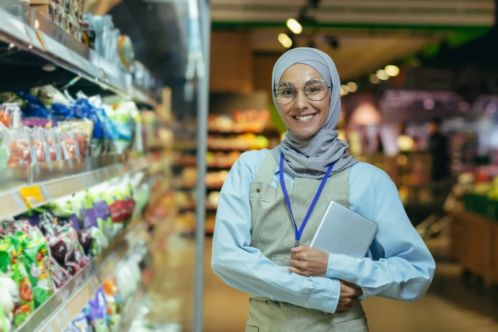 a woman staff checks the halal frozen food list from the distributor