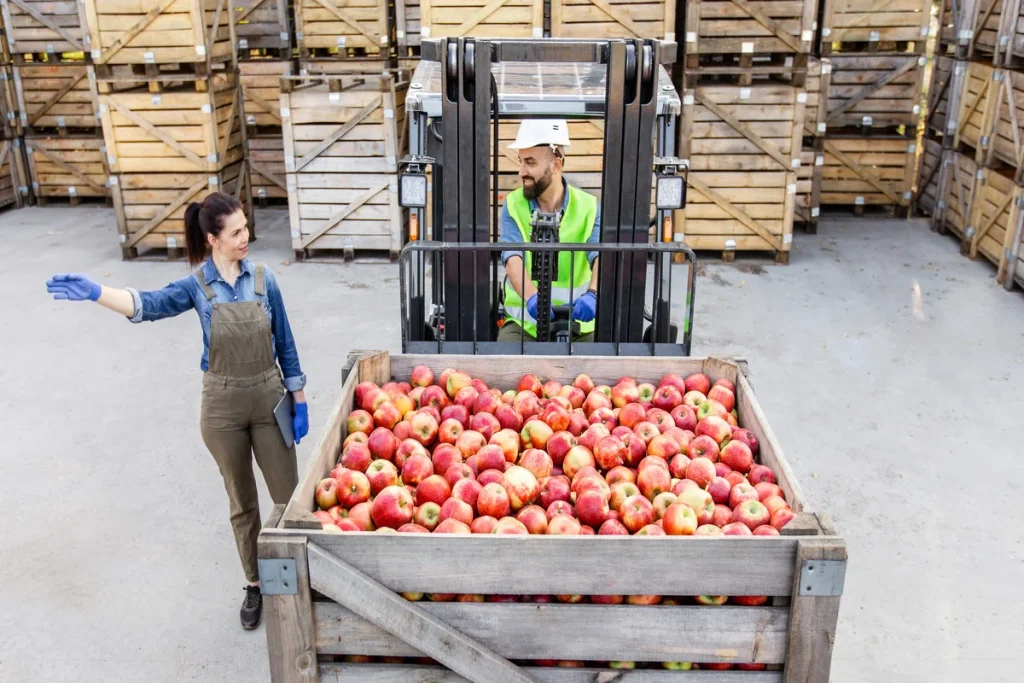 a woman points the location for the apple in food storage warehouse